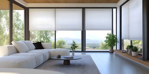 
Modern interior window with energy-efficient cellular shades, featuring honeycomb design for superior thermal insulation and light control in a stylish home setting, generative ai
