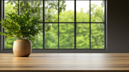 Serene Indoor Oasis, a wooden table featuring a lush potted plant against a backdrop of vibrant greenery visible through large, clean windows, enhancing tranquility and nature.