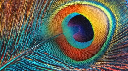 Obraz premium A hyper realistic close-up of a vibrant peacock feather, intricate patterns and iridescent colors