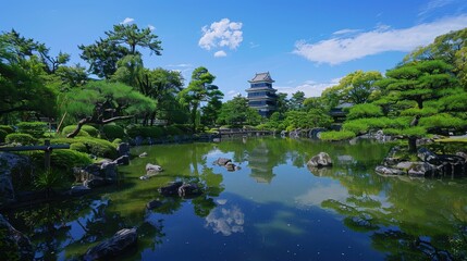 Fototapeta premium Majestic Japanese Castle: Historic Fortress amid Tranquil Gardens and Moat