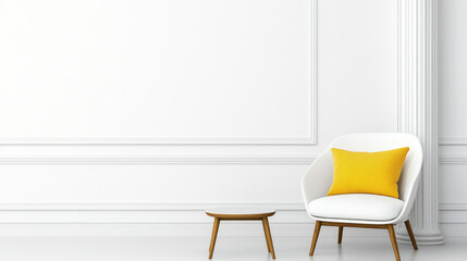 Minimalist corner with elegant white chair, vibrant yellow pillow, and simple wooden table, providing a serene and stylish ambiance against a pristine white wall.