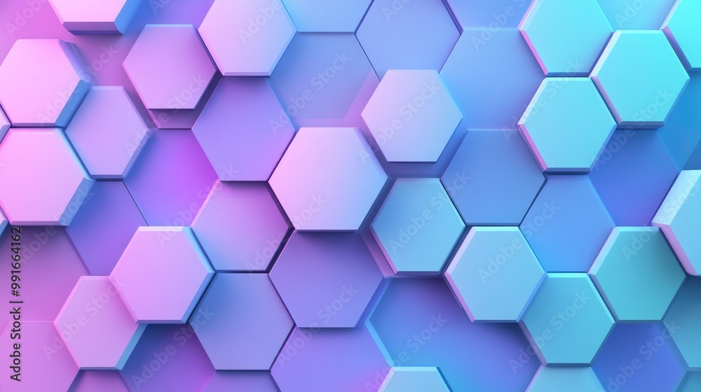 Poster a modern abstract background of hexagons in soft blue and purple tones, arranged in a flowing gradie