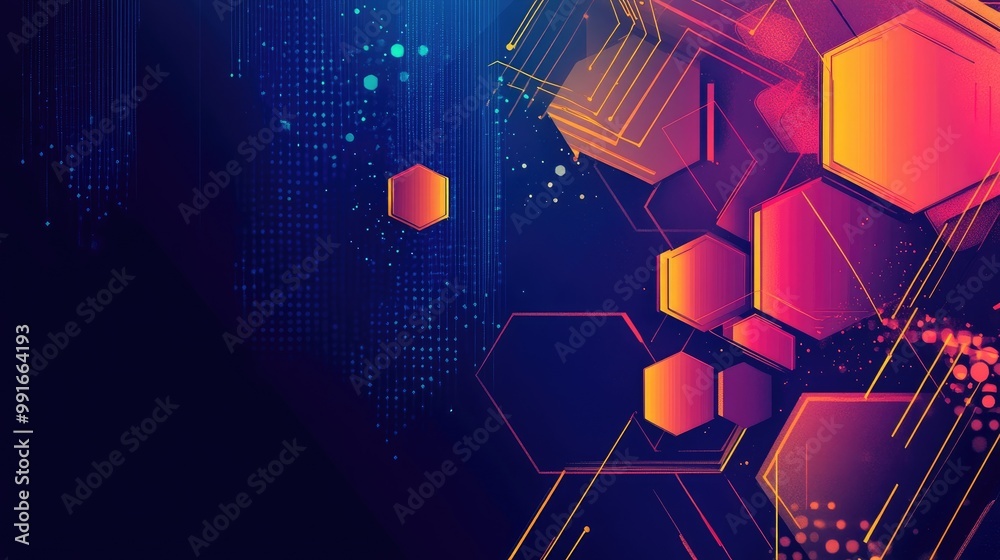 Poster a modern abstract banner with colorful hexagons and intersecting lines, forming a layered, dynamic b