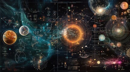 Obraz premium A photo realistic collage of scientific data, graphs, charts, and equations, visualizing complex concepts into a visually stunning and informative masterpiece