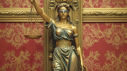 78. A regal goddess of justice holding scales in a courtroom