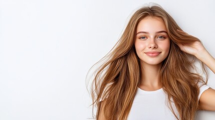 Fototapeta premium Smiling young woman with long hair on a white background