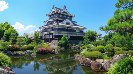 Fototapeta premium Serene Beauty of a Historic Japanese Castle Amidst Lush Gardens and Tranquil Moat