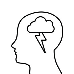 Depression Icon Vector illustration. Outline of a head with a cloud and lightning. Depressed disease Symbol. Brainstorming. Anger and anxiety, pessimism, stress, frustration, Unhappy sad Person.
