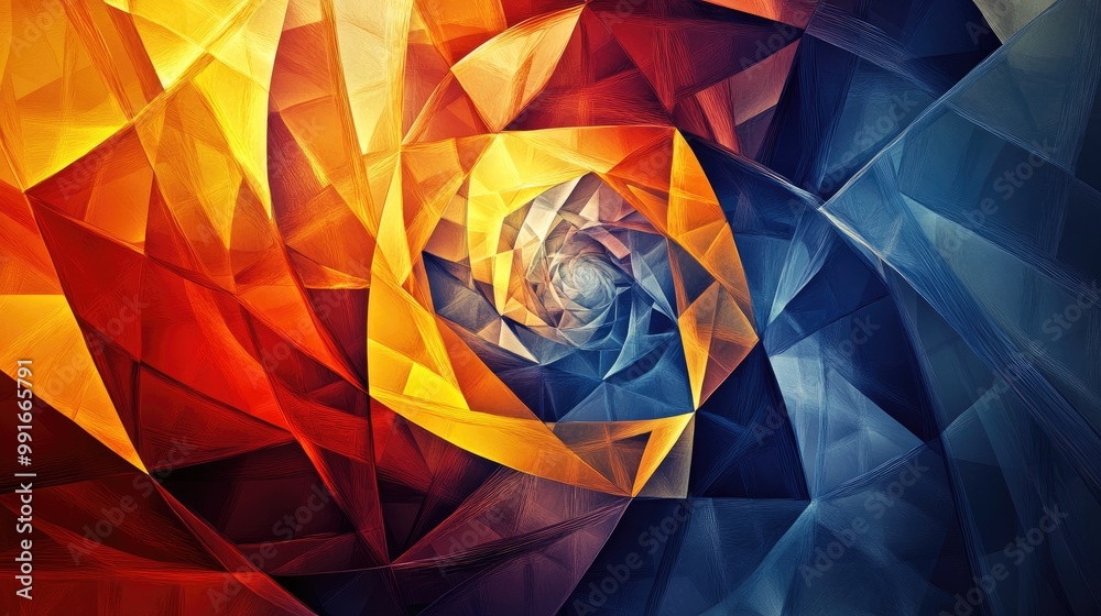 Poster a rotating, layered abstract pattern resembling a pinwheel, with sharp edges and contrasting colors 