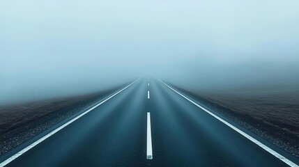 Fototapeta premium Minimalist highway with soft fog rolling in, obscuring everything but a faint white line, foggy road, mystery