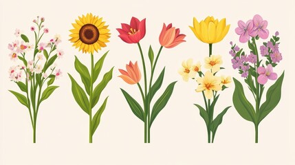 Obraz premium A set of seasonal flowers in vector form, showcasing spring and summer blooms like sunflowers, tulips, and lilies.