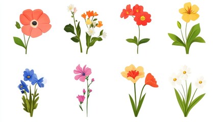 A set of stylized floral icons, showcasing a variety of flowers in different stages of bloom, designed for easy use in web design.