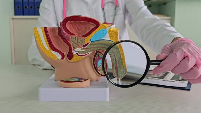 Urologist holds magnifying glass over male reproductive system model