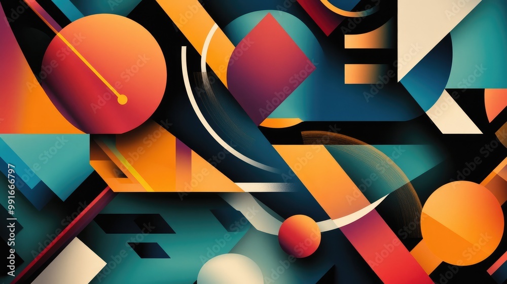 Poster a vibrant abstract banner featuring overlapping geometric shapes in bold colors, with sharp triangle
