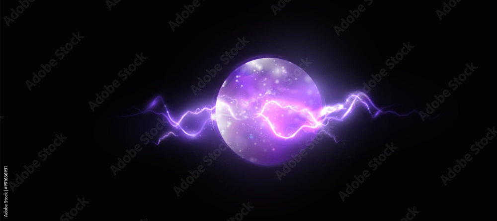 Poster Realistic sphere with liquid texture of planet surface. Vector spatial horizontal illustration of purple planet. Planet view from satellite in outer space.