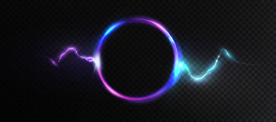 Bright futuristic portal with violet-blue glow and lightning electric discharge effect. Arched light frame. Vector for web design.
