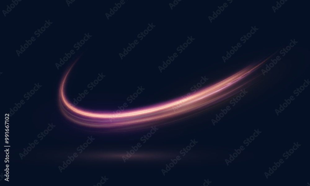 Poster Glowing pink swirl of bright lines moves in a semicircle shape. Abstract light effect for game design and vector illustration.