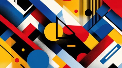 A vibrant geometric background with bold shapes in primary colors, arranged in a dynamic abstract pattern perfect for banners and creative design