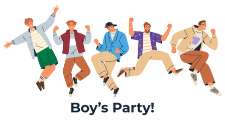 Group of five young men jumping with joy and excitement in casual clothing. Ideal for friendship, celebration, youth, happiness, lifestyle. Modern and lively, flat design style