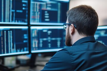 Man analyzing data on multiple monitors in a modern office environment.