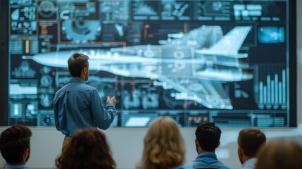 Obraz premium At a technology conference, the focus shifts to a military jet aircraft, with large screen schematics and visualizations highlighting its advanced design and construction.