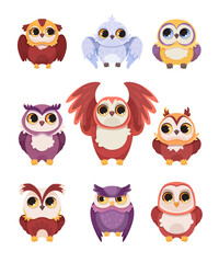 Funny Owl Flying Creature with Large Eyes and Wings Vector Set