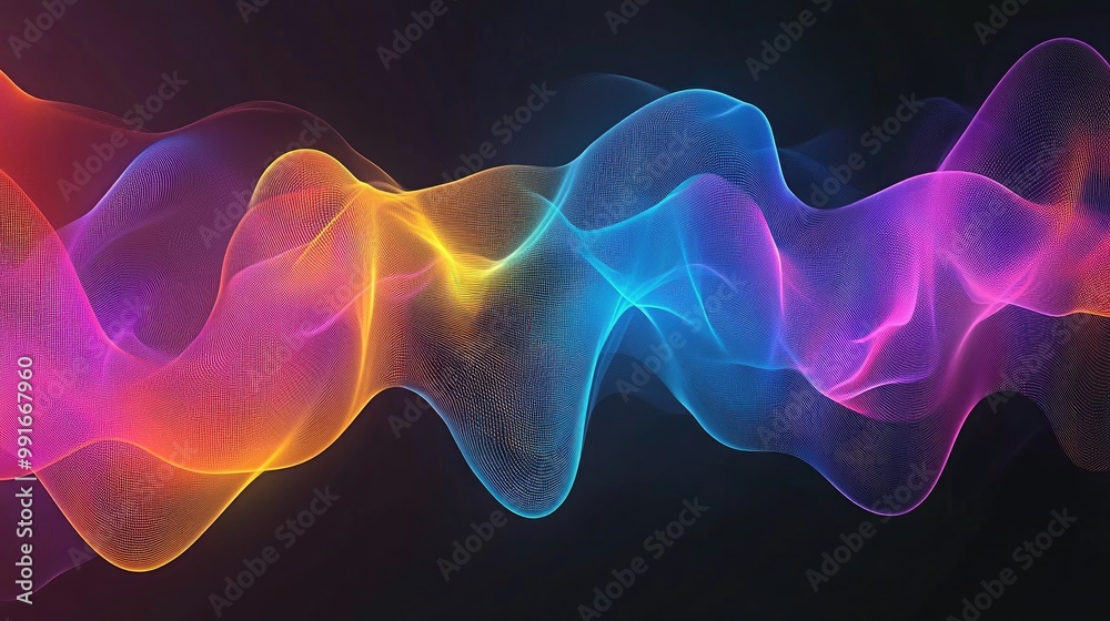 Poster an abstract representation of a digital sound wave equalizer with colorful gradients and flowing lin