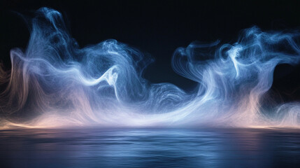blue sky with clouds, Abstract Blue Smoke Rising Above a Dark Floor., Dark Foggy Background with Blue Light, Dark fog over mysterious landscape.