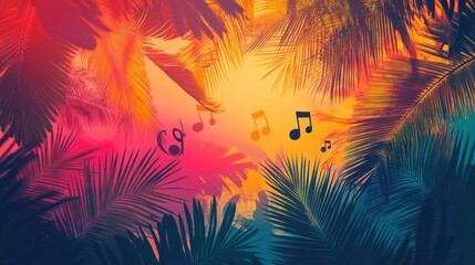 Bright, abstract palm leaves set against a tropical sunset, with silhouettes of dancers and music notes woven into the vivid background of a carnival festival