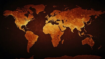 Fiery world map glowing in dark red and orange tones.