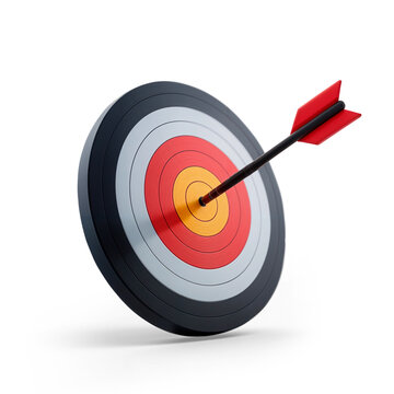 Bullseye with arrow stuck in the center as a concept of success and achievement of professional goals, with transparent background and shadow
