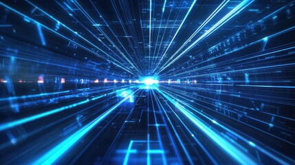 Obraz premium Holographic background with sleek blue beams of light traveling through a digital grid of futuristic tech elements.