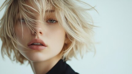 Naklejka premium Close-up beauty shot of a model with shaggy blonde hair highlighted in pastel tones, elegantly covering her face. business attire, showcasing a heavenly bob haircut with the wind gently tousling her 