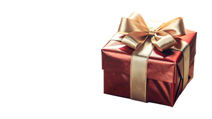 Elegant red gift box with ribbon isolated on transparent background. Greeting gift for Christmas present, holiday or birthday. Christmas and New Year banner.