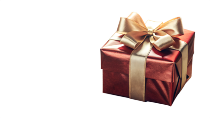 Elegant red gift box with ribbon isolated on transparent background. Greeting gift for Christmas present, holiday or birthday. Christmas and New Year banner.
