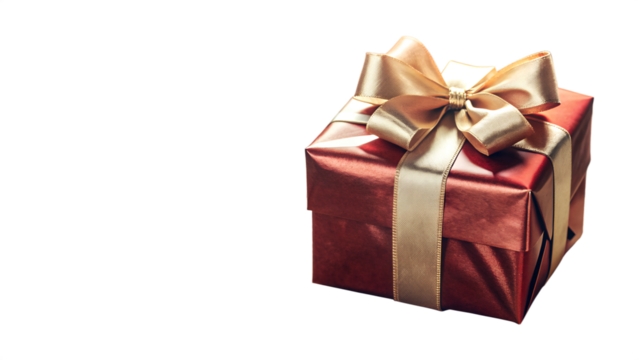 Elegant red gift box with ribbon isolated on transparent background. Greeting gift for Christmas present, holiday or birthday. Christmas and New Year banner.