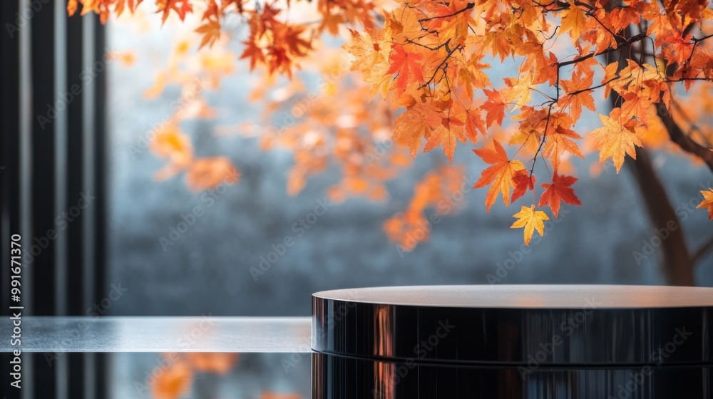 Poster a round black podium sits on a glossy black surface. the podium is positioned in front of a large wi