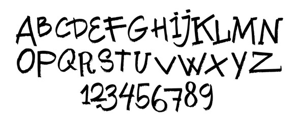 Vector stylized artistic font. Hand drawn alphabet design, from A to Z and numbers from 0 to 9. Made of marker strokes. Beautiful realistic, scratched and horror style., back to school style. © artbalitskiy