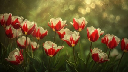 Fototapeta premium Red white tulips spring garden. Generative AI