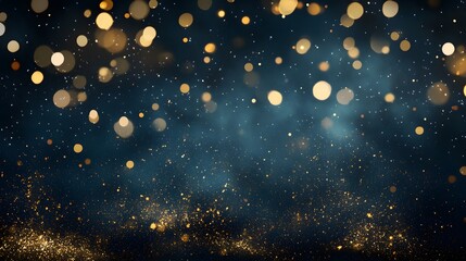 A dark blue background with golden glitter falling from the sky, bokeh light, creating an atmosphere of celebration and luxury