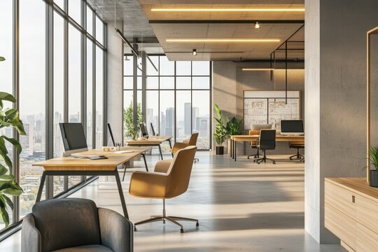 Modern open-plan office interior with desks and chairs, large windows overlooking the cityscape, light gray walls, wooden desk tables, industrial-style lighting fixtures Generative AI