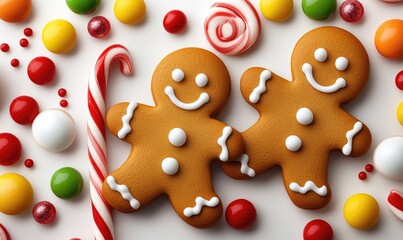 Obraz premium Festive Gingerbread Men and Candy Canes on White Background