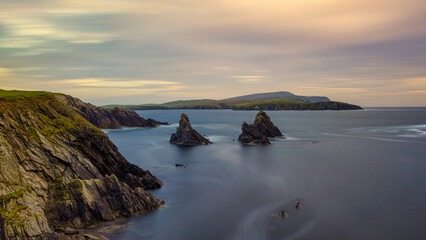 St Ninians Isle, Shetland, sea stacks at sunset