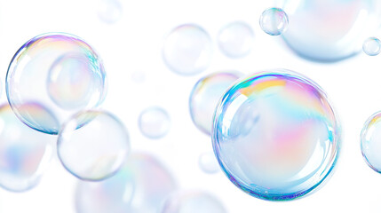 Naklejka premium Set of realistic colorful soap bubbles on white background, Multicolored soap bubbles on a white background, backdrop.