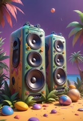 Music party background with colorful music speakers