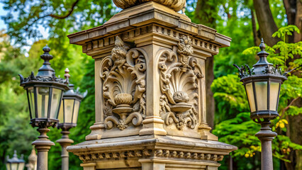 Fototapeta premium Historical charm meets nature as ornate stonework supports vintage lanterns amidst vibrant greenery.”