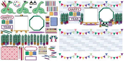 Naklejka premium 巳年イラスト年賀状デザイン素材「クリエーター蛇のアトリエ」HAPPY NEW YEAR （Year of the snake illustration new year's card greeting postcard design material creator atelier）