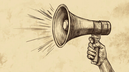 A bold, metallic bullhorn megaphone on a clean white background, A cartoon drawing of microphone with a large, black, red, and white speaker.
