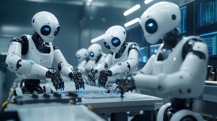 A team of AI-controlled robots performing synchronized quality tests on complex industrial components.