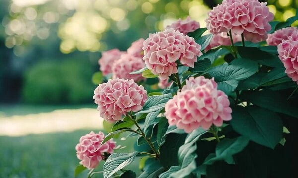 blooming pink and green hydrangea in spring garden